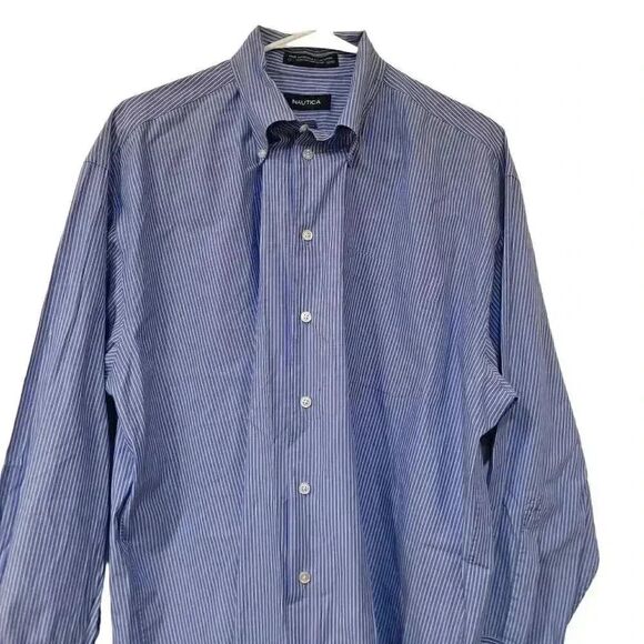 Nautica Men's Power Blue White Striped Cotton Dress Shirt - Picture 6 of 10